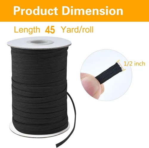 Miniatura 2 de Coopay Bandas elásticas planas de 45 yardas de largo, 1/2 pulgada de ancho, cuerda elástica plana para coser proyectos de bricolaje, artes y Negro