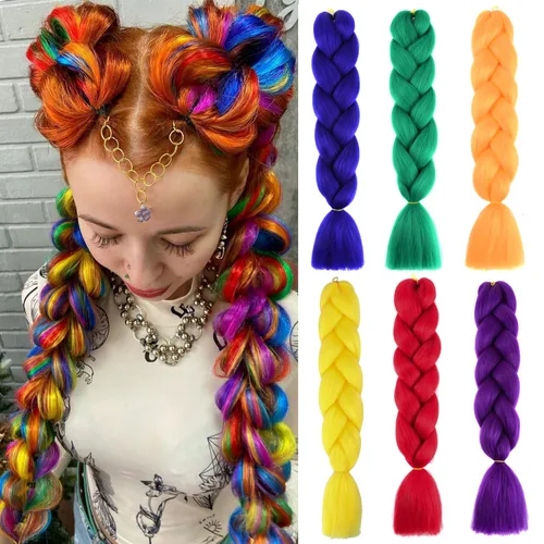 Miniatura 7 de Paquete de 3 extensiones de cabello trenzado de colores de 24 pulgadas, extensiones de cabello sintético para trenzar, morado, verde, amarillo