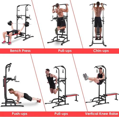 Miniatura 6 de Arlopu Torre de Potencia con Banco, Soporte de Barra de Dominadas, Barra de Fondos con Banco Plegable, 4 Cuerdas Entrenamiento de Fuerza, Equipo
