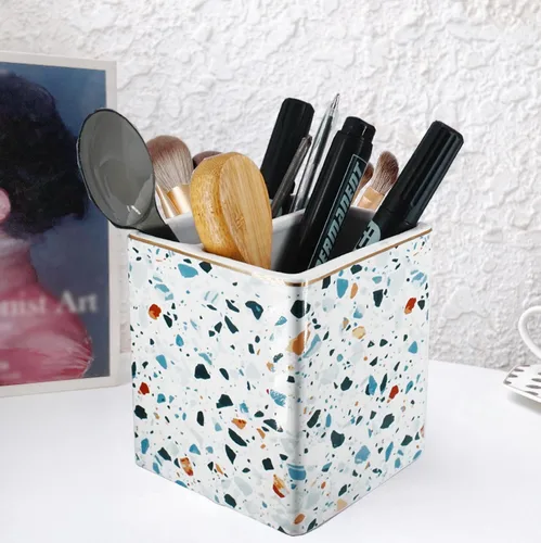 Miniatura 2 de Portalápices para bolígrafos, soporte para brochas de maquillaje, organizador de cerámica para control remoto con 2 compartimentos, terrazo