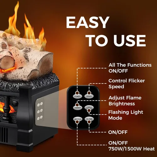 Miniatura 5 de Chimenea eléctrica de inserción con calentador de leña de 21 pulgadas, 5 niveles de brillo de llama, múltiples velocidades de parpadeo, calefacción