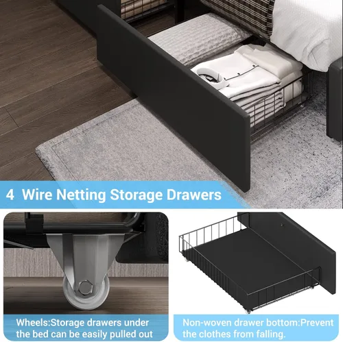 Miniatura 8 de DICTAC Marco de cama tamaño completo con cabecera y 4 cajones de almacenamiento, moderna plataforma de cama tapizada en cuero sintético