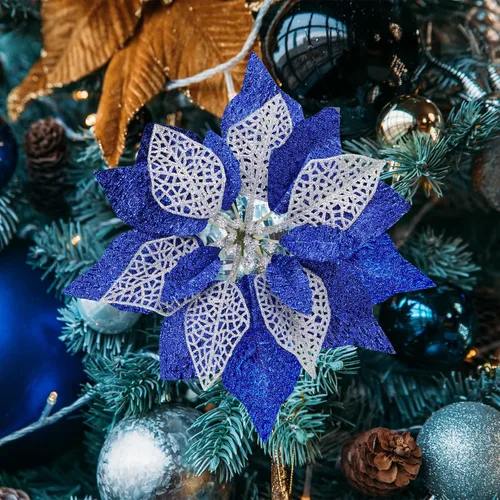 Miniatura 5 de Juego de 14 flores de Pascua de 8.7 pulgadas de ancho, 4 capas de flores de pascua con purpurina azul para árbol de Navidad, coronas, guirnaldas