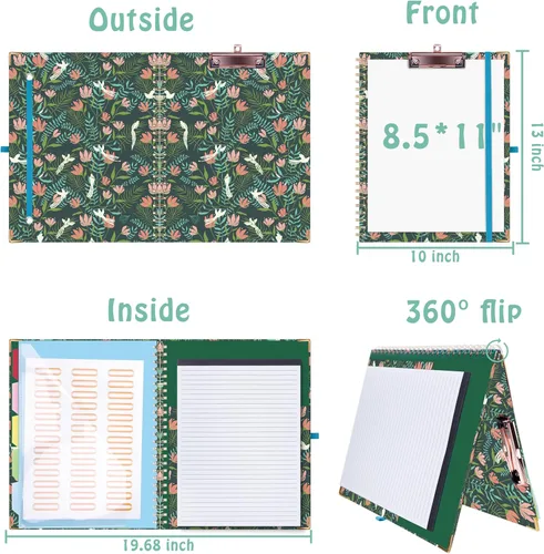 Miniatura 2 de HAUTOCO Folio portapapeles con bloc de notas recargable para tamaño carta (11 x 8.5 pulgadas), 5 divisores con 10 bolsillos, soporte elástico