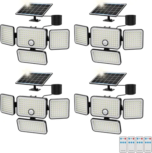 Miniatura 10 de 1 reflector solar de 3000 lm para exteriores con panel solar mejorado, 4 luces con sensor de movimiento de cabeza, luz de inundación con cable