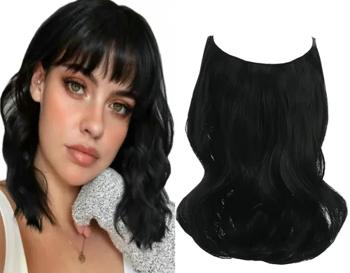 Extensiones invisibles de cabello con halo de 14 pulgadas, ondulado, rizado, postizo secreto con alambre transparente, tamaño ajustable, 4 clips de