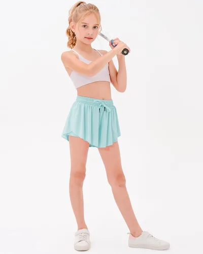 Miniatura 6 de Stelle Pantalones cortos fluidos con bolsillos para niñas, falda atlética para correr, cintura alta, mariposa, 2 en 1, pantalones cortos deportivos