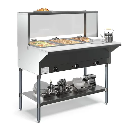KoolMore Mesa de vapor eléctrica de acero inoxidable de pozo abierto de 3 bandejas calentador de alimentos para bufés con protector contra
