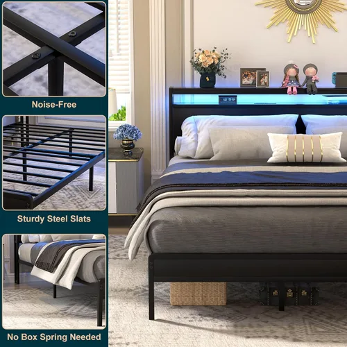 Miniatura 6 de Homieasy Armazón de Cama Full Size con Cabecero, Armazón de Cama Full de Metal Industrial con Estación de Carga y Luces LED, Cama Plataforma Sin