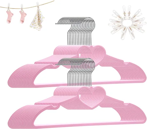 Perchas de plástico, paquete de 30 perchas color rosa, ultrafinas que ahorran espacio, gancho giratorio de 360 grados y 10 clips, resistentes y