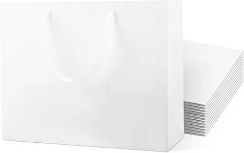 QIELSER Paquete de 24 bolsas de regalo de papel kraft a granel, tamaño extragrande, bolsas de compras de papel blanco con asas de cinta para bodas,