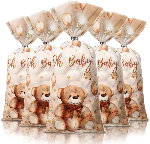 Miniatura 9 de Pajean Paquete de 100 bolsas de regalo de oso para baby shower, de celofán, bolsas de regalo de plástico a granel con lazos metálicos