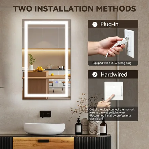 Miniatura 5 de Espejo de baño LED de 16 x 24 pulgadas, espejo retroiluminado con luces para montaje en pared, antivaho, 3 colores, regulable, función de memoria