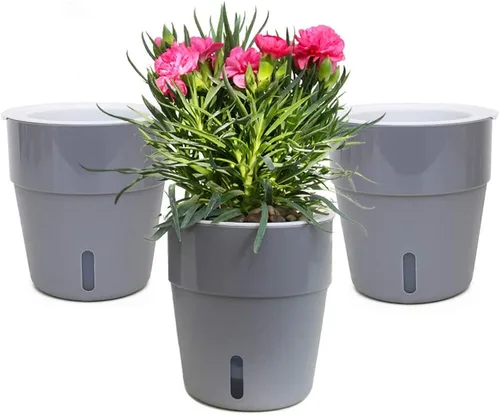 Paquete de 3 macetas de riego automático de 4 pulgadas con indicador de nivel de agua, maceta moderna para interiores, color gris