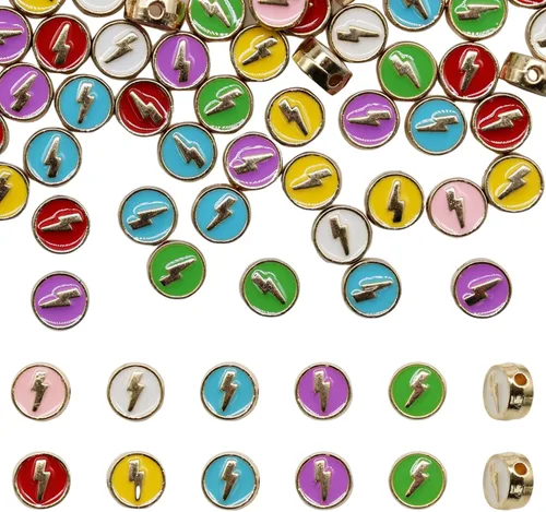 Miniatura 3 de Decoendiy 100 cuentas de relámpago esmaltadas de aleación de 0.315 pulgadas (0.315 in), forma redonda plana de destello, espaciador suelto colorido