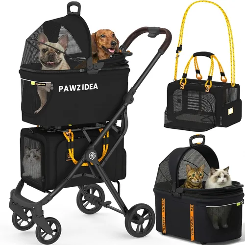 PAWZIDEA Carriola doble para mascotas con 2 portamascotas desmontables, jaula portátil para perros para viajes en automóvil y porta gatos expandible
