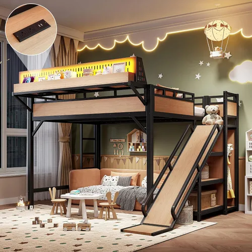 Miniatura 11 de Cama tipo loft de tamaño matrimonial con escaleras de almacenamiento integradas, armario, marco de cama alta de metal con barandilla lateral