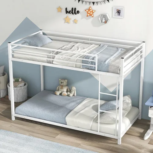 Miniatura 11 de KOMFOTT Litera baja de metal, tamaño individual sobre individual, base de cama resistente con escalera y barandillas de longitud completa, marco