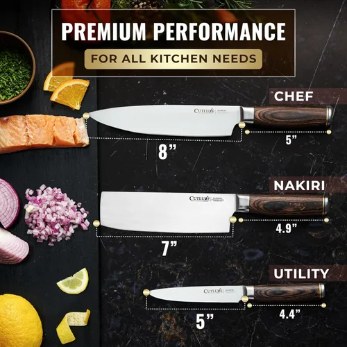 Miniatura 3 de Cutluxe Juego de cuchillos de chef de 3 piezas – Cuchillos de cocina japoneses ultra afilados, hojas de acero inoxidable de alto carbono, asas