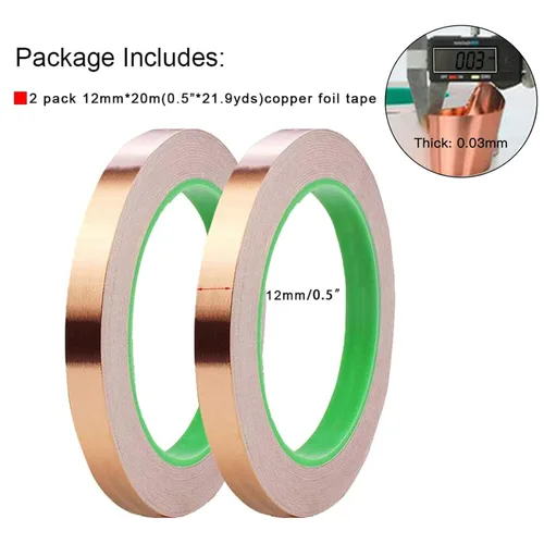Miniatura 2 de Oubaka Paquete de 2 cintas de cobre (0.5 pulgadas x 66 pies), cinta de cobre conductora de doble cara con adhesivo para blindaje EMI, circuitos