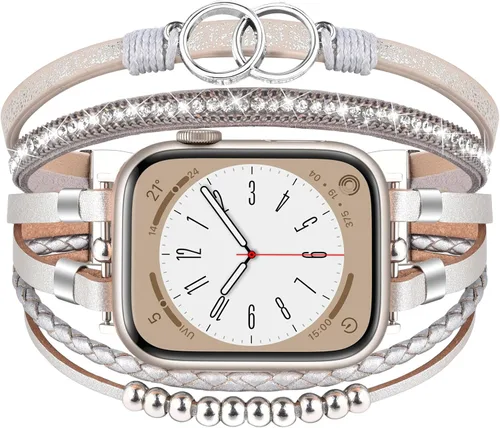 Miniatura 9 de MOFREE - Pulsera de cuero boho compatible con Apple Watch Band de 38, 40, 41 mm, pulsera de cuentas multicapa hecha a mano para Apple Watch, correa