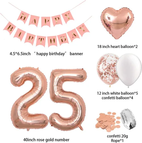 Miniatura 2 de Decoraciones de cumpleaños de 40 pulgadas, globos de oro rosa con el número 25, globos de confeti de oro rosa de 1 pulgada de diámetro, confeti