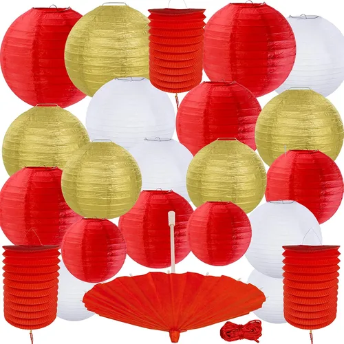 Winlyn 20 linternas redondas de papel para decoración de fiesta de Año Nuevo, color rojo, dorado y blanco, faroles de acordeón rojos para decoración