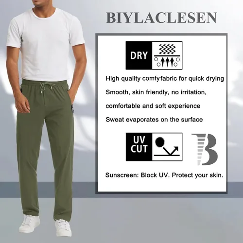 Miniatura 2 de BIYLACLESEN Pantalones de correr para hombre, ligeros, de secado rápido, para senderismo, con bolsillos con cremallera