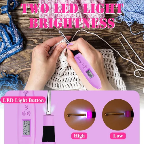 Miniatura 6 de Juego de Ganchos de Ganchillo con Cuenta Digital, Gancho de Ganchillo Ergonómico con Luz LED y 2 Niveles de Brillo Ajustable, Ganchos de Ganchillo