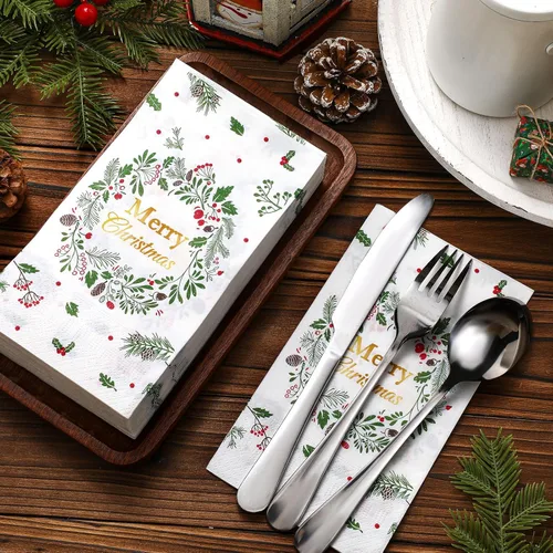Miniatura 5 de Karenhi 200 Piezas Servilletas de Invitados Feliz Navidad Bayas de Acebo Toallas de Mano Desechables para Baño 2 Capas Servilleta Decorativa