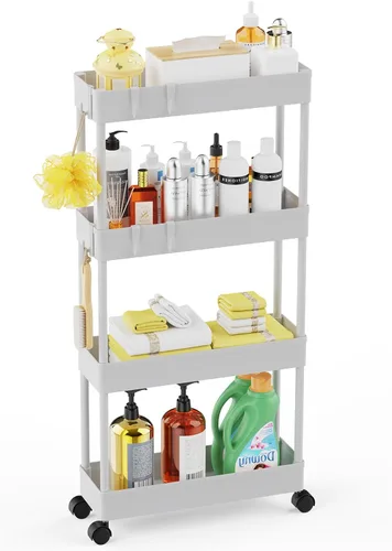 Miniatura 12 de LEHOM Carrito de almacenamiento delgado de 5.1 pulgadas, organizador de baño de 4 niveles, estantería móvil, carrito utilitario rodante, organizador
