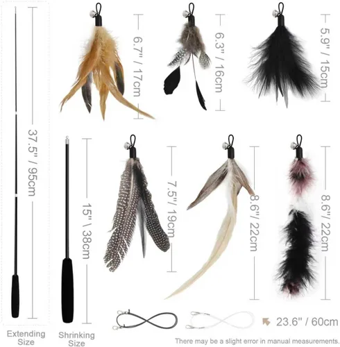 Miniatura 6 de SONGWAY Juego de juguetes interactivos de plumas para gatos, varita retráctil con 6 recambios de plumas con campana, juguetes de varita para gatos