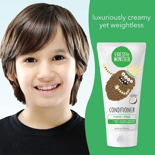 Miniatura 5 de Fresh Monster Acondicionador de cabello para niños, sin toxinas, hipoalergénico y natural, acondicionador para el cabello para niños, coco (6 onzas)