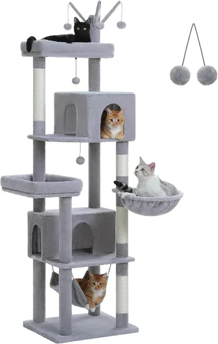 Miniatura 11 de Árbol para gatos de 45 pulgadas para gatos de interior, torre compacta para gatos con 2 condominios, cama hamaca y 5 juguetes de bola colgantes