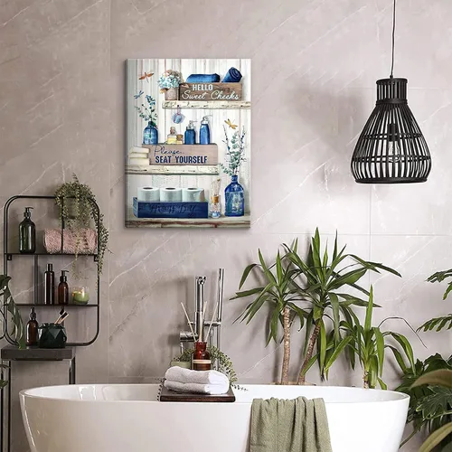 Miniatura 2 de BJVJKSU Arte de Pared Decoración de Baño Azul Marino Decoración de Pared Rústica de Lienzo Azul para Baño Letrero de Por Favor Siéntate Impresión