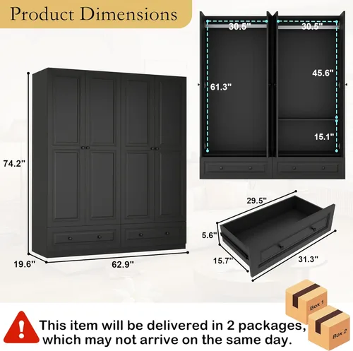 Miniatura 2 de Armario Armario con cajones: armario de dormitorio de 74 pulgadas para ropa colgante, armarios negros con puertas, armario moderno con estantes