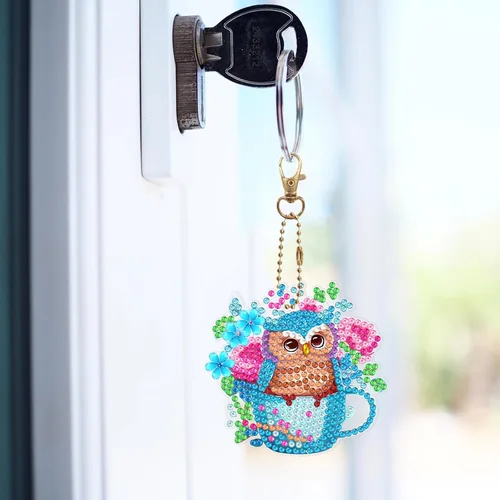 Miniatura 3 de LUSandy Juego de 6 llaveros de pintura de diamante con diseño de búho y flores azules 5D para adultos, diseño especial de búho de doble cara
