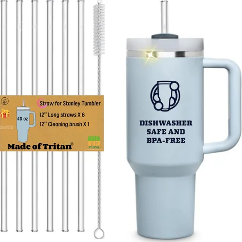 Paquete de 6 popotes de repuesto Tritan para vaso Stanley de 40 onzas, 12 pulgadas de largo, sin BPA, reutilizables, con cepillo de limpieza, aptos