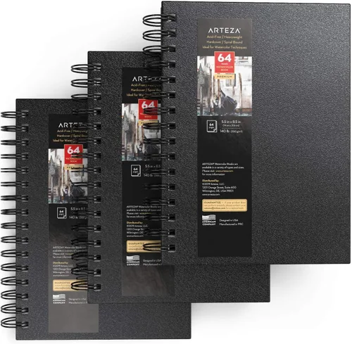 Miniatura 2 de ARTEZA Juego de cuaderno de bocetos de acuarela, paquete de 3, 64 páginas por libro, 5.5 x 8.5 pulgadas, cuadernos de espiral de tapa dura negra