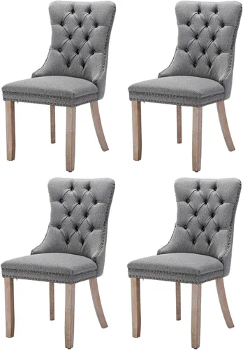 Miniatura 59 de Juego de 6 sillas de comedor modernas para sala de estar, cocina, patas de madera maciza, cojín acolchado de tela de lino, asiento y respaldo