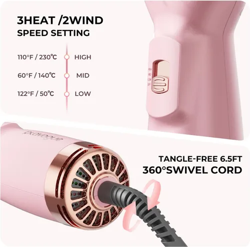 Miniatura 7 de PLAVOGUE Mini cepillo secador de pelo de doble voltaje, cepillo de aire caliente de viaje de 700 vatios con enchufe europeo, secador iónico de un