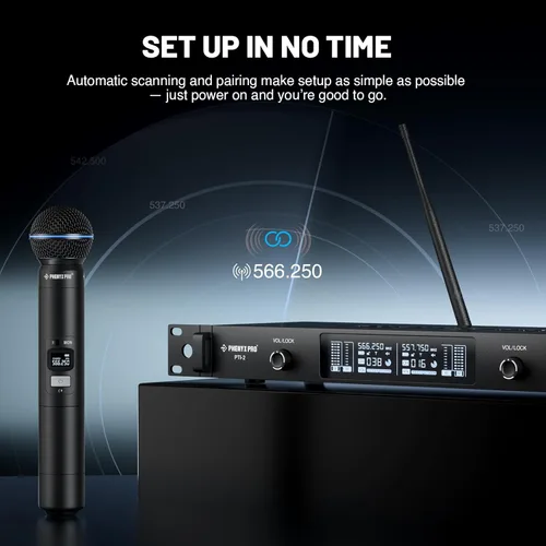 Miniatura 2 de Phenyx Pro UHF Sistema de Micrófono Inalámbrico Inteligente, Micrófonos Inalámbricos Duales con Escaneo y Sincronización Automática, Potencia de RF