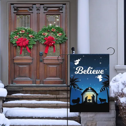 Miniatura 5 de Bandera de Jardín Navideña de 12 x 18 Pulgadas Believe Jesus Decoraciones de Invierno - Bandera de Patio de Vacaciones de Granja Rústica de Noche