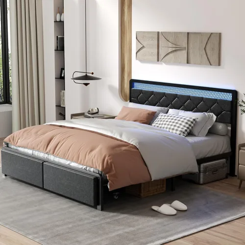 Miniatura 3 de Nuturelly Base de cama Queen con cajones de almacenamiento y cabecera LED inteligente, cama de plataforma tapizada con soporte de metal sin ruido