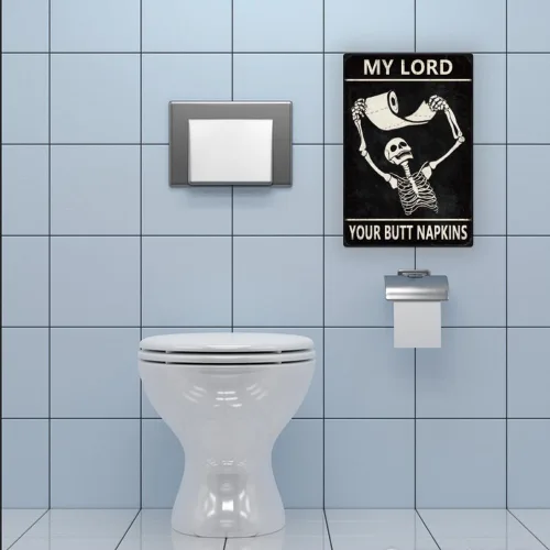 Miniatura 5 de Cartel de metal divertido de esqueleto para decoración de baño, diseño retro con texto en inglés «My Lord Your Buttock» para decoración de pared