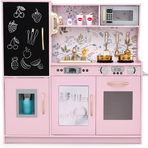 Miniatura 11 de HONEY JOY Set de cocina de madera de juguete para niños, juego de simulación de pequeño chef con pizarra, teléfono, utensilios, horno, microondas