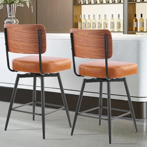 Miniatura 2 de Taburetes de bar de altura de mostrador, taburete de bar giratorio de poliuretano con respaldo extraíble y panel trasero de madera curvada, patas