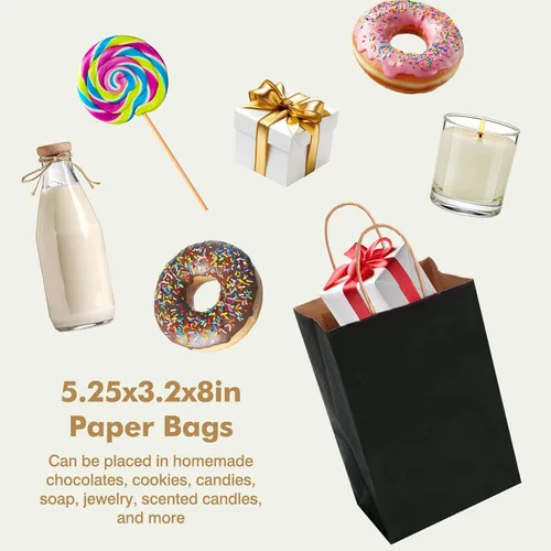 Miniatura 5 de OUTUXED 60 bolsas de regalo de papel negro de 5.25 x 3.2 x 8 pulgadas con asas, pequeñas bolsas de regalo a granel para compras, cumpleaños, bodas