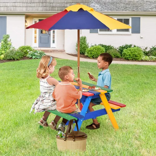 Miniatura 4 de Costzon Mesa de picnic para niños, mesa y sillas de madera de abeto para exteriores con paraguas extraíble, mesa de picnic para niños pequeños