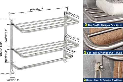 Miniatura 2 de NearMoon Toallero de baño, toallero de 3 niveles con ganchos, colgador de toallas de acero inoxidable SUS304, almacenamiento de toallas montado